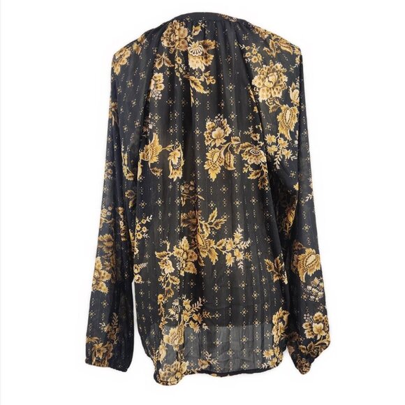 Torrid Crinkle Chiffon Lurex Peasant Long Sleeve Blouse Women's M/L Black Gold - Picture 2 of 7